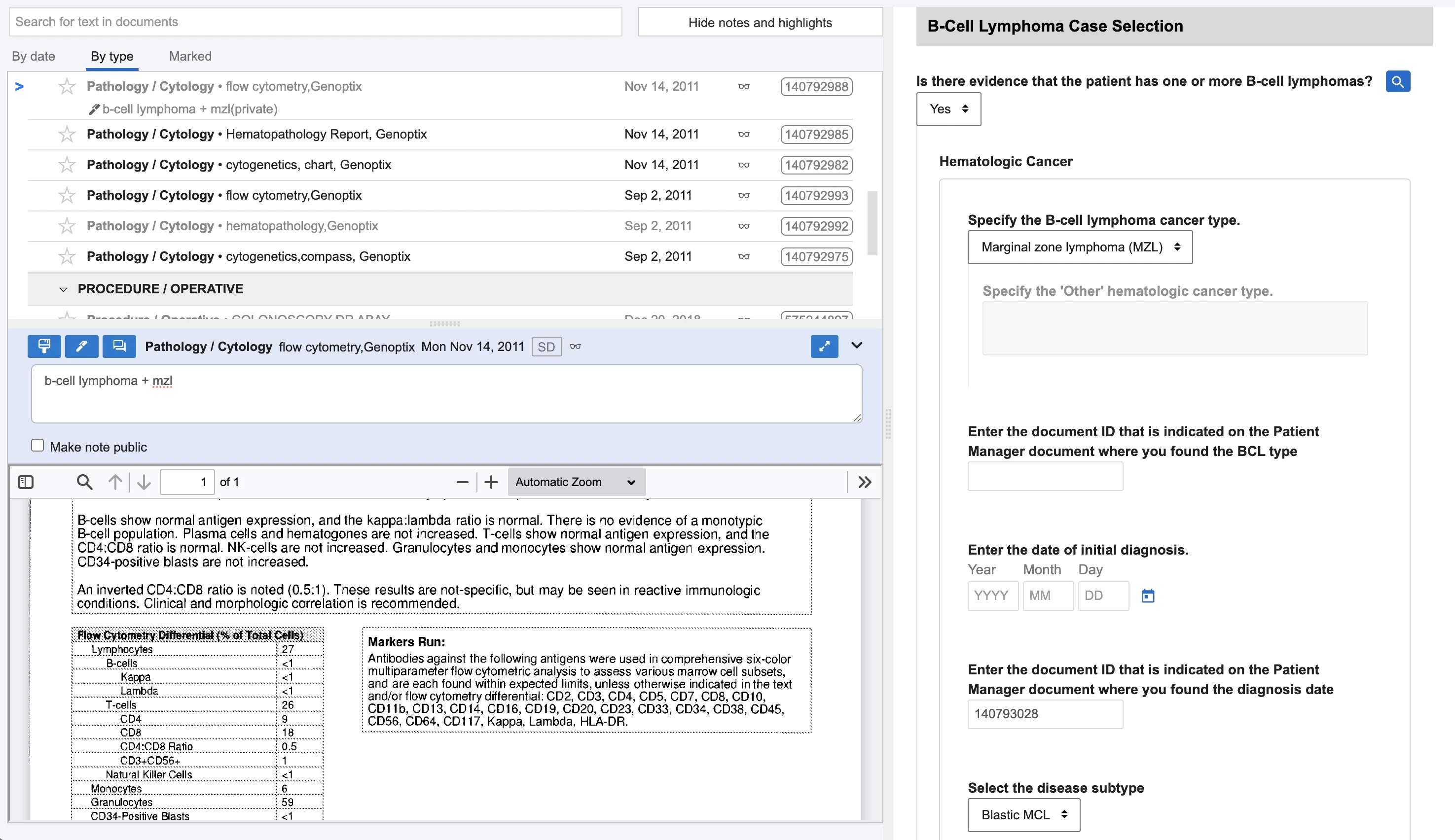Abstraction workflow (documents on left, fields to fill on right).