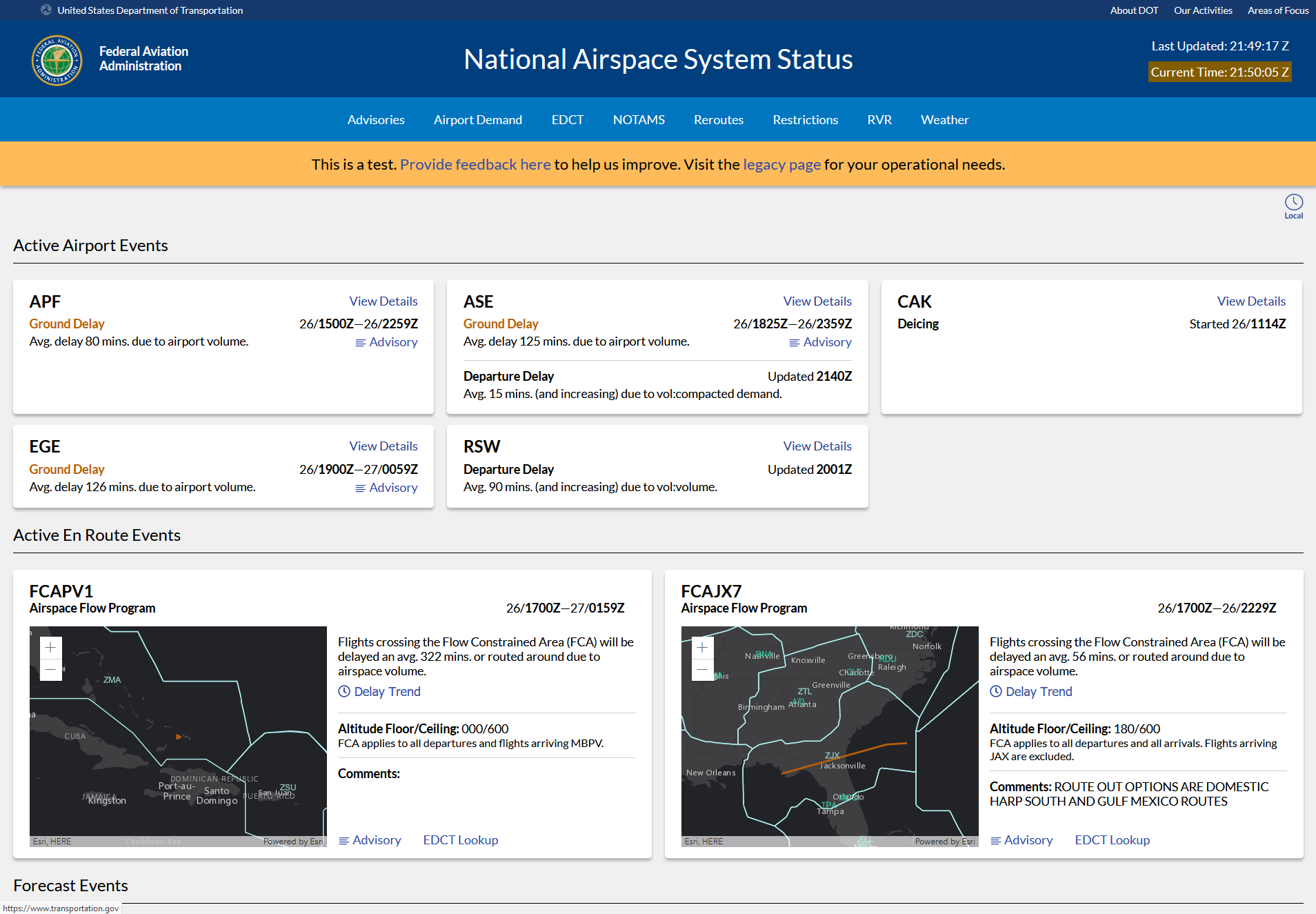 The home page with two FCA events. Each FCA has an interactive map depicting the event's location.