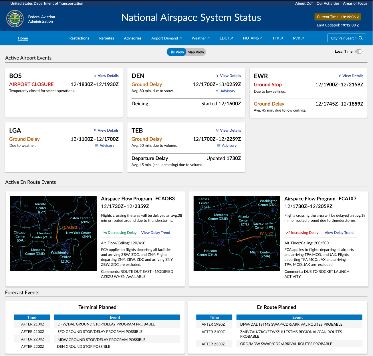The first release of NAS contains three main sections: airport events, airspace events, and upcoming events.