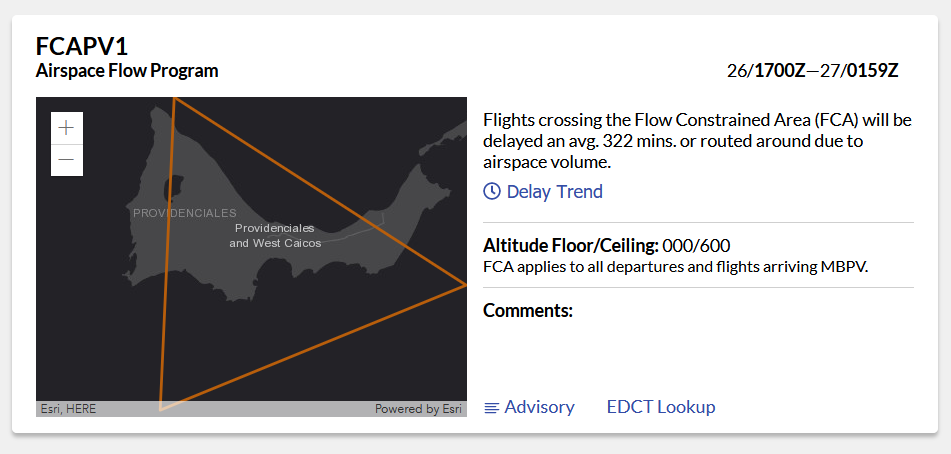 A closeup of the FCAPV1 zoomed in with embedded map controls, displaying a triangle over the Turks & Caicos airport.