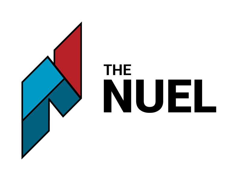 The new NUEL logo, a geometric N outlined in black. It splits into three light blue, dark blue, and red sections.