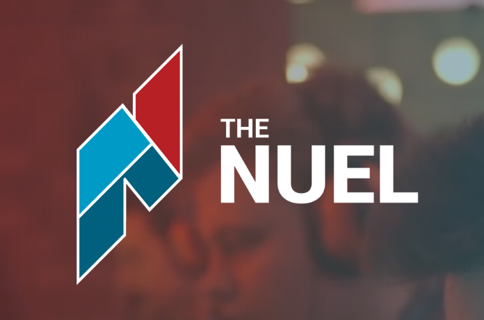 The new NUEL logo against a dark video background.